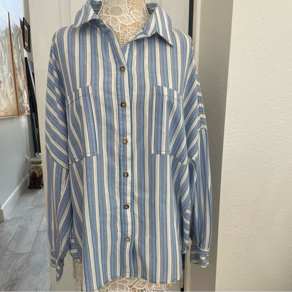 Hudson Gray Blue And White Striped Button-Up Shirt. Size M | Euc